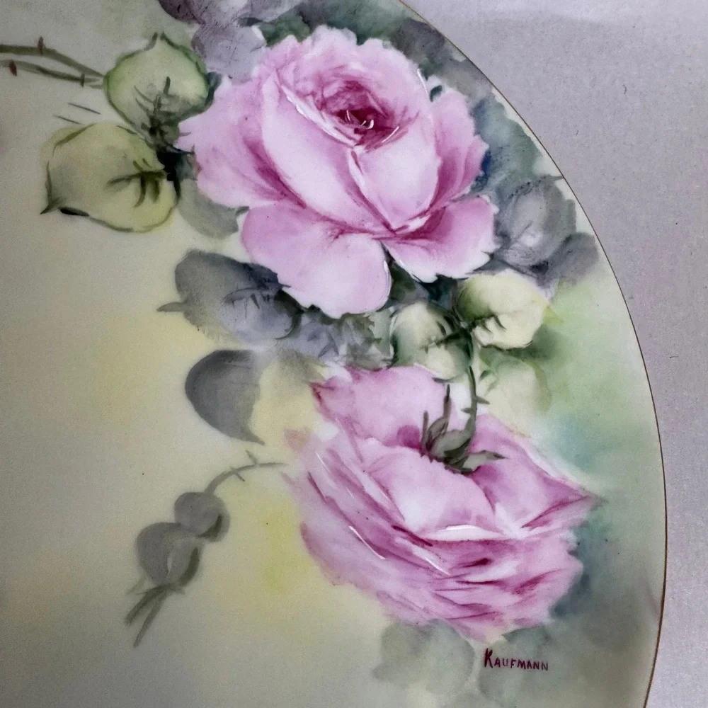 Haviland France‎ Limoges Hand Painted Pink Rose Plate Signed Kaufmann Gold Trim